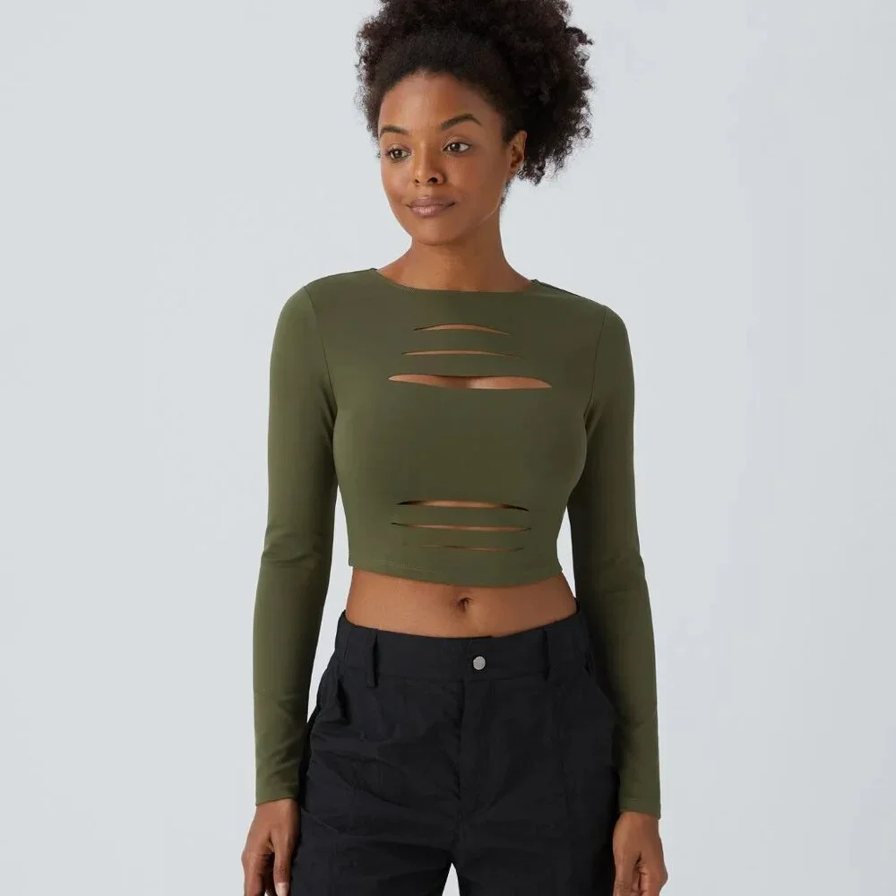 Halara Cut Out Ripped Cropped Top Green - Picture 3 of 5